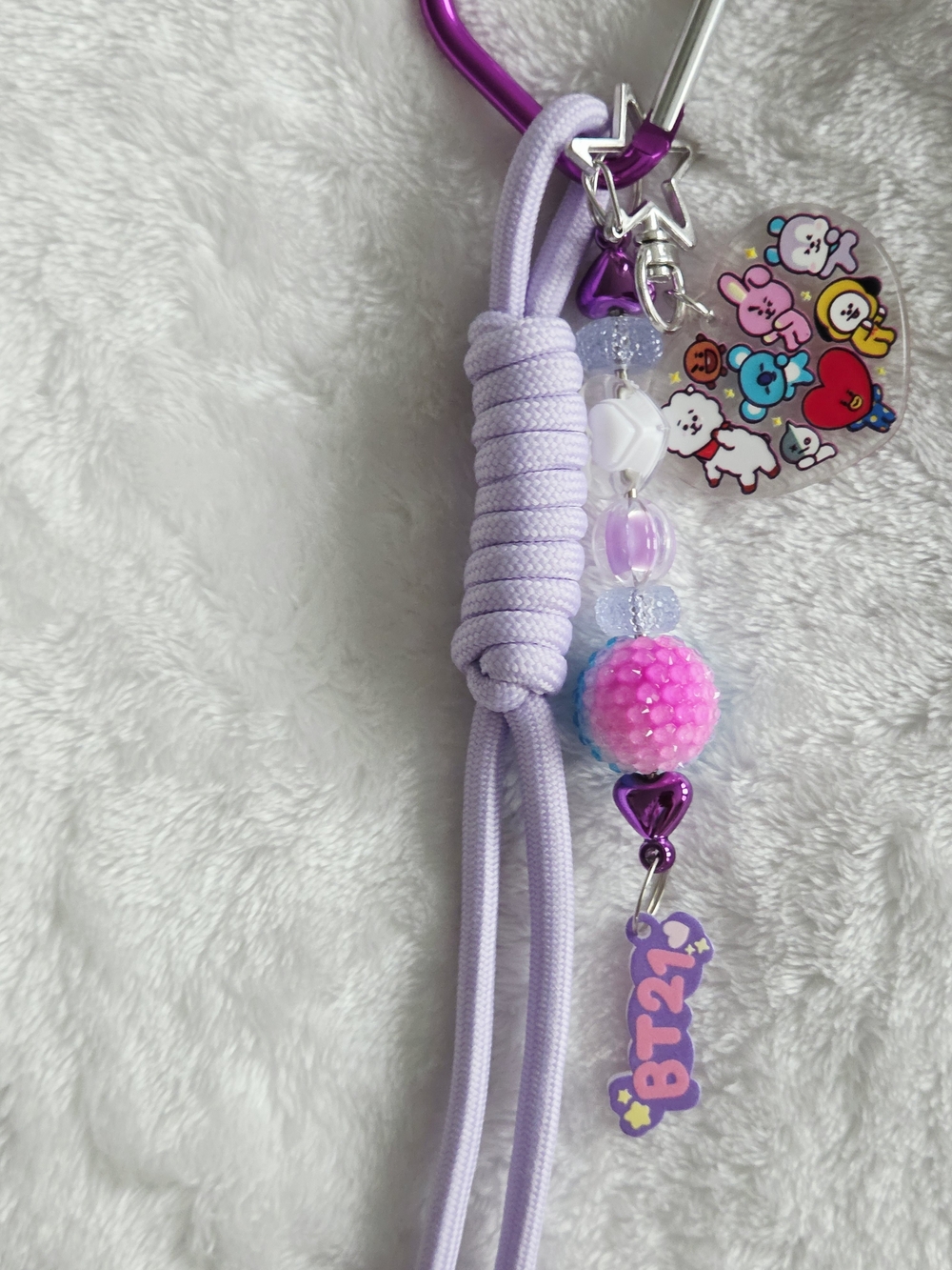 BT21 BTS Lavender Heart Clip Keychain with Bead Charm Kpop Bag Charm - Picture 4 of 4